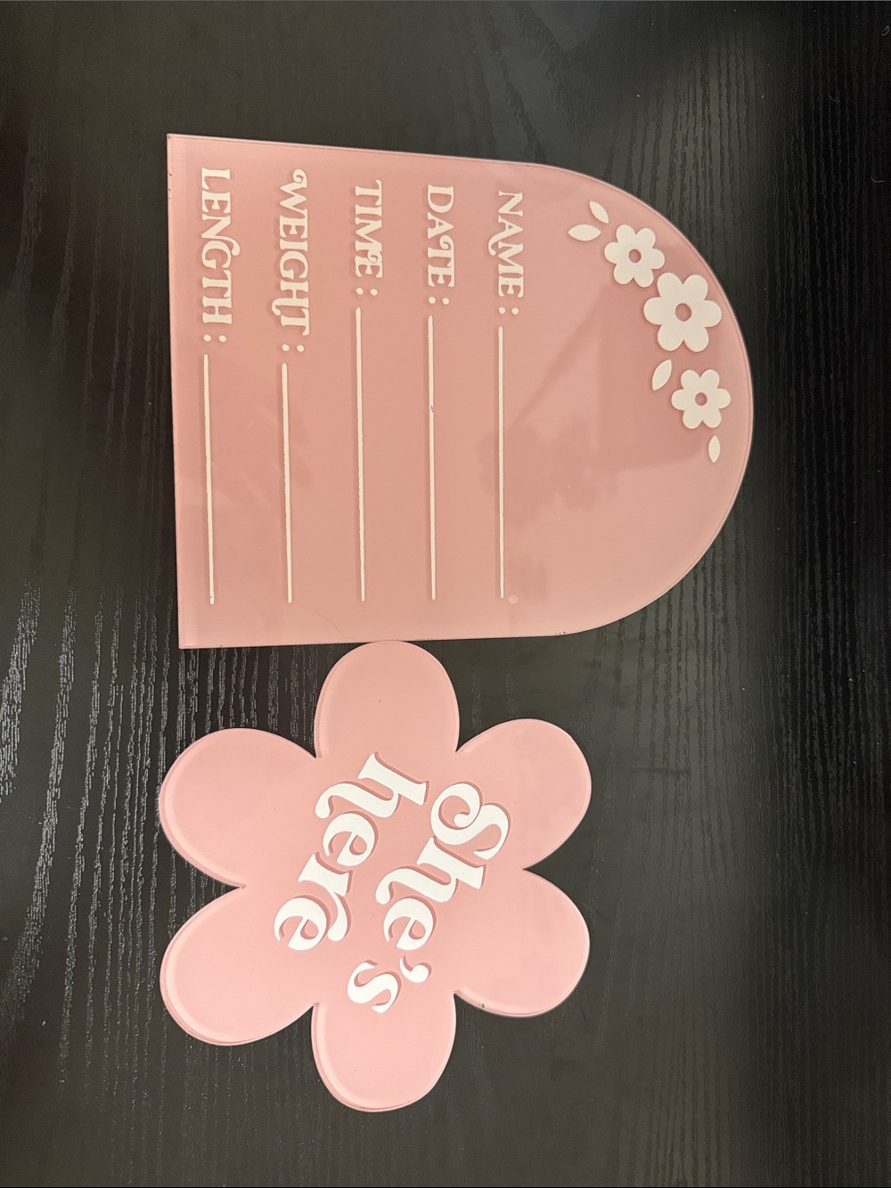 Pink Floral 'She's Here' Baby Announcement & Info Boards